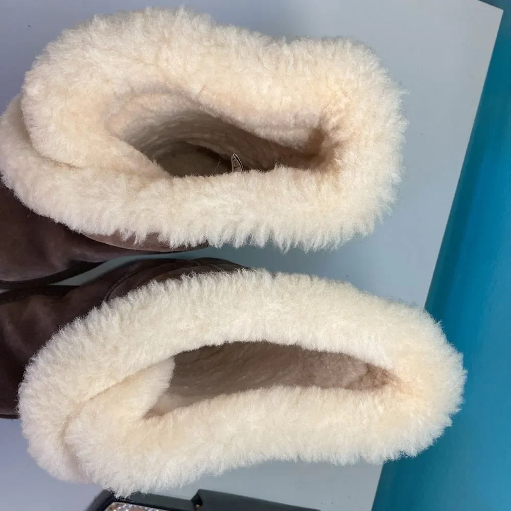 UGG Size 7 Brown Suede Leather Boots Sheepskin Lined 5358 Side Buckle 38 EU